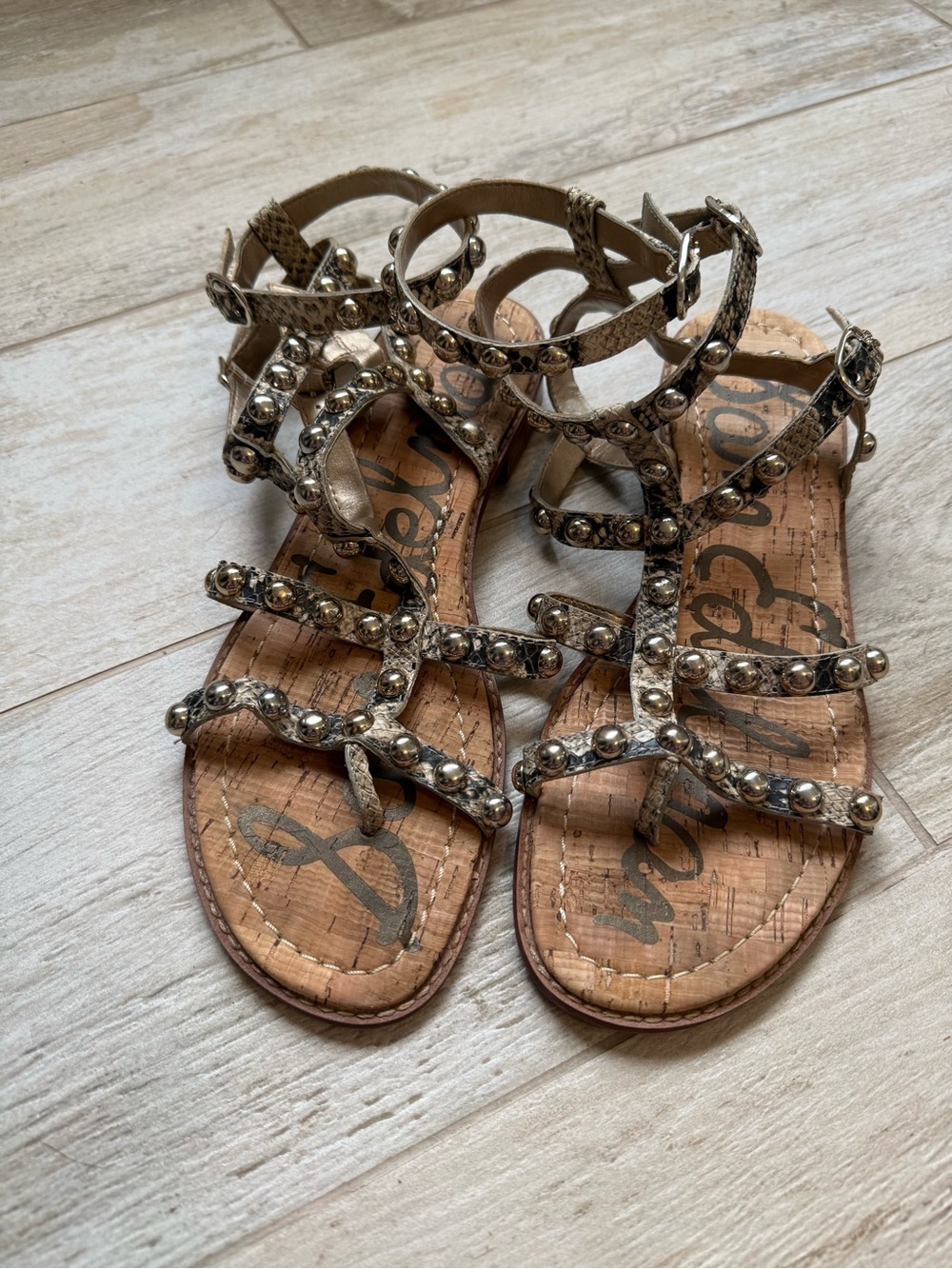 Sam Edelman Metallic Snake-Print Studded Gladiator Sandals - Silver